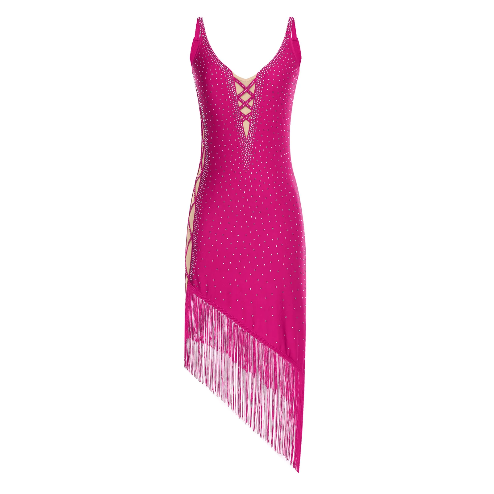 Women Latin Jazz Tango Dance Tassel Fringe Dress Irregular Hem Glittery Rhinestones Cami Dress for Salsa Samba Rumba Ballroom 
Women Latin Jazz Tango Dance Tassel Fringe Dress Irregular Hem Glittery Rhinestones Cami Dress for Salsa Samba Rumba Ballroom