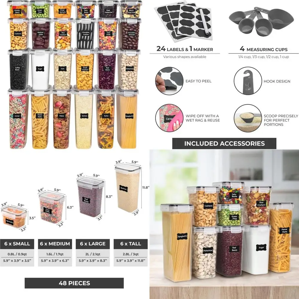 48-компонентный герметичный пластиковый набор для хранения пищевых продуктов с крышками, этикетками, маркером и мерными ложками для предметов первой необходимости в кухне
48-компонентный герметичный пластиковый набор для хранения пищевых продуктов с крышками, этикетками, маркером и мерными ложками для предметов первой необходимости в кухне
