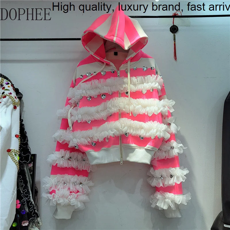 Lace Ruffles Diamonds Casual Zip Cardigans Coat 2023 New Autumn Fashion All-match Striped Loose Hooded Short Sweatshirt Tops
Lace Ruffles Diamonds Casual Zip Cardigans Coat 2023 New Autumn Fashion All-match Striped Loose Hooded Short Sweatshirt Tops