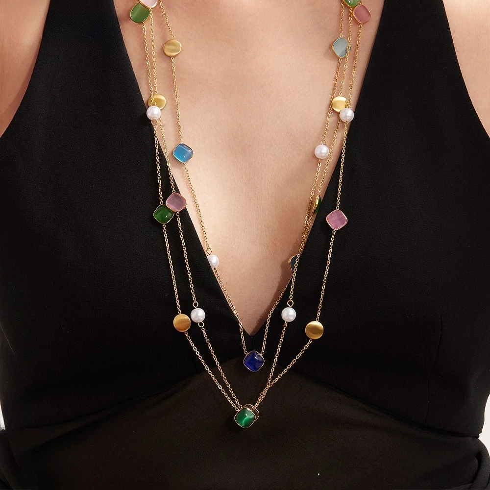 Candy-colored square cat's eye long stacking clavicle chain PVD gold-plated high-quality women's jewelry necklace
Candy-colored square cat's eye long stacking clavicle chain PVD gold-plated high-quality women's jewelry necklace