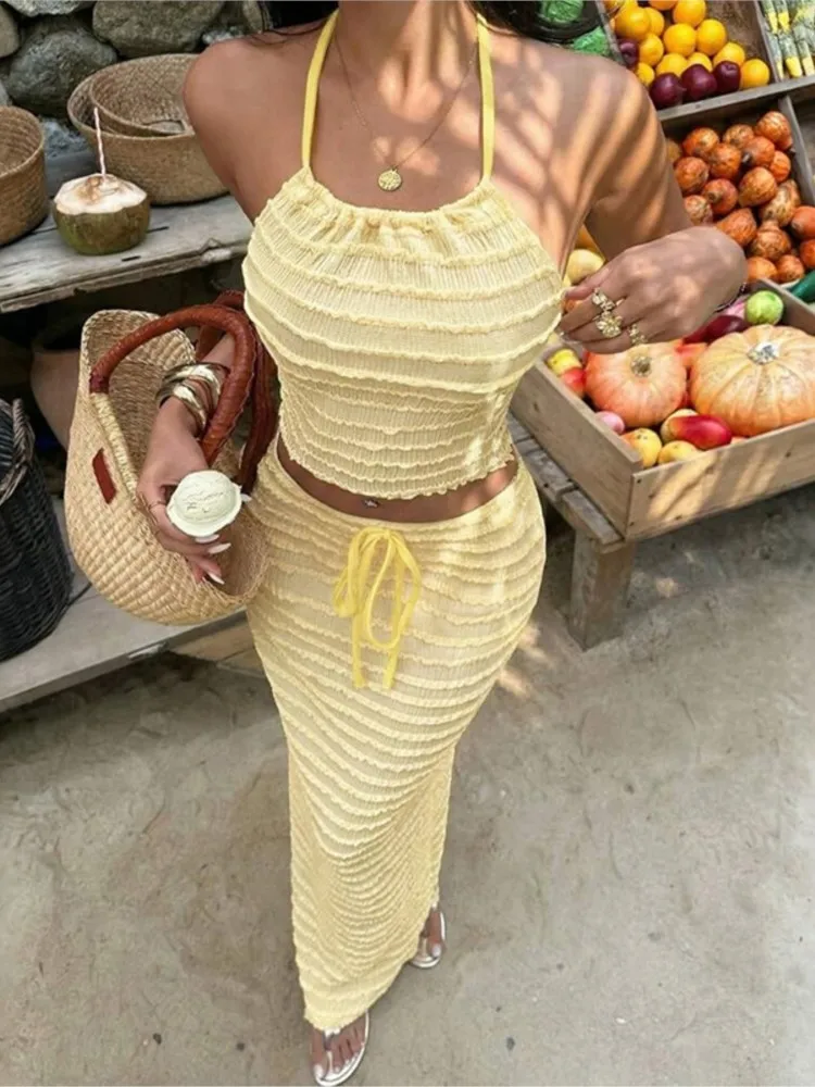 Swimwear Skirt Cover-up 2 Piece Set Women Crop Tops And Long Skirt Bathing Suit Fashion Solid Hollow Sexy Beach Cover Up Outfits
Swimwear Skirt Cover-up 2 Piece Set Women Crop Tops And Long Skirt Bathing Suit Fashion Solid Hollow Sexy Beach Cover Up Outfits
