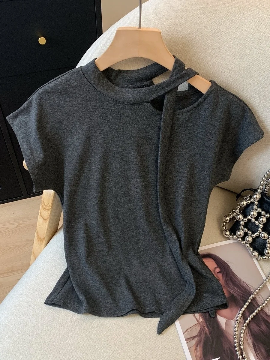 Корейская женская футболка Sle Gentle Tie oulder ort Sve, универсальный летний топ из смеси хлопка, круглый топ Ne
Корейская женская футболка Sle Gentle Tie oulder ort Sve, универсальный летний топ из смеси хлопка, круглый топ Ne