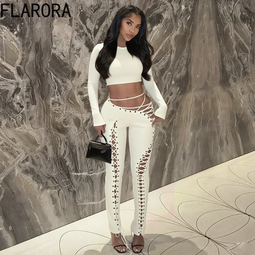 FLARORA Sexy Cross Bandage Two Piece Sets Woman Long Sleeve Slim Crop Tops And Drawstring Skinny Pants Midnight Party Clubwear
FLARORA Sexy Cross Bandage Two Piece Sets Woman Long Sleeve Slim Crop Tops And Drawstring Skinny Pants Midnight Party Clubwear