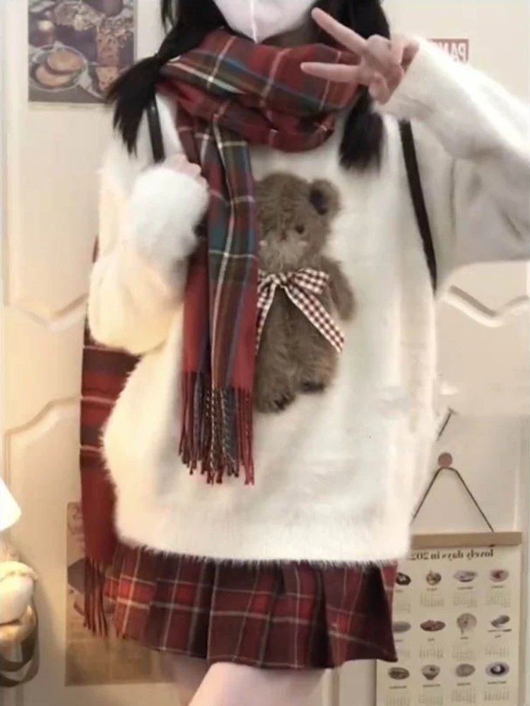 Американский ретро норковый кашемировый медведь, милые свитера с героями мультфильмов, женские милые пуловеры с бантом в консервативном стиле Y2k, вязаные рождественские наряды с круглым вырезом 
Американский ретро норковый кашемировый медведь, милые свитера с героями мультфильмов, женские милые пуловеры с бантом в консервативном стиле Y2k, вязаные рождественские наряды с круглым вырезом