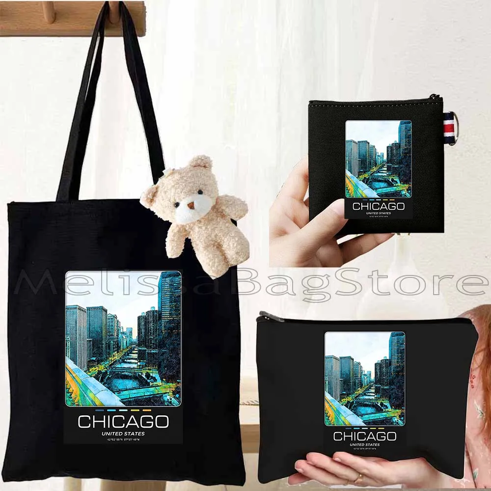 4PCS Cute Gifts Set Chicago City Black Canvas Tote Bag Handbag with Doll Key Coin Purse Cosmetic Makeup Toilet Bag Case Pouch
4PCS Cute Gifts Set Chicago City Black Canvas Tote Bag Handbag with Doll Key Coin Purse Cosmetic Makeup Toilet Bag Case Pouch