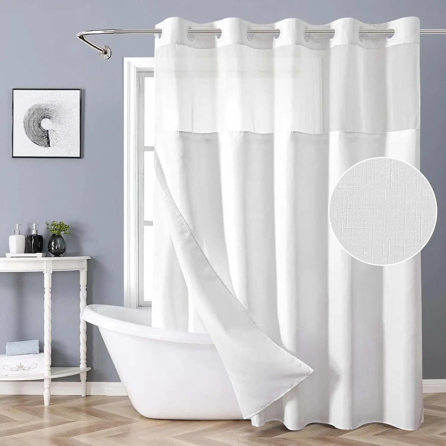 White No Hook Shower Curtain with Snap-In Fabric Liner Set, Water Repellent & Washable, 71x74
White No Hook Shower Curtain with Snap-In Fabric Liner Set, Water Repellent & Washable, 71x74