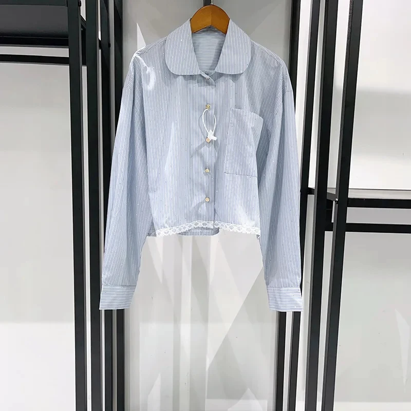 Women Hot Diamond Lace Edge Striped Shirt Top+Skirt Set
Women Hot Diamond Lace Edge Striped Shirt Top+Skirt Set