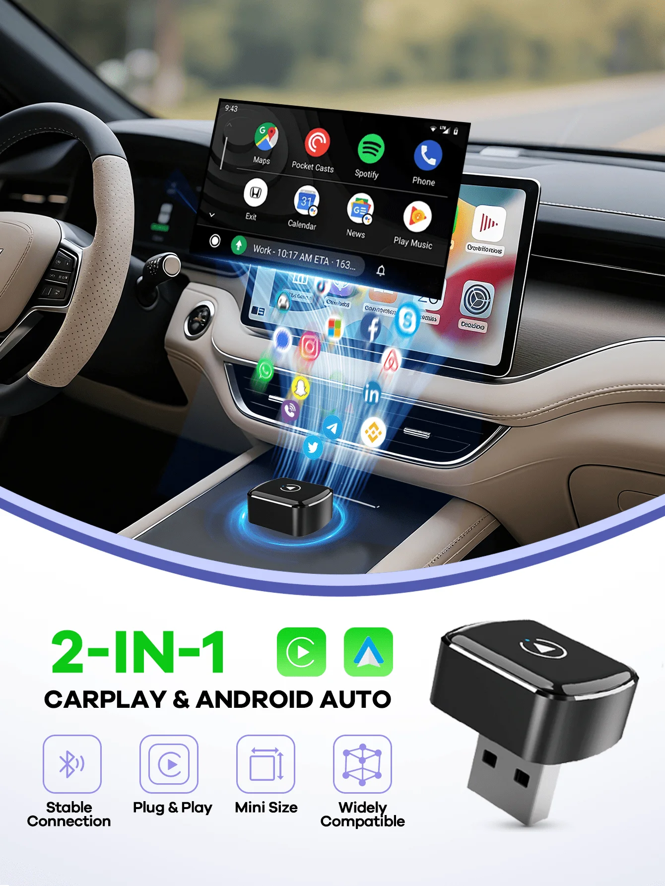 Миниатюрный беспроводной адаптер 2-в-1 для CarPlay и Android Auto – Plug & Play, стабильное соединение, совместимость с iOS 6+ и Android 11+
Миниатюрный беспроводной адаптер 2-в-1 для CarPlay и Android Auto – Plug & Play, стабильное соединение, совместимость с iOS 6+ и Android 11+