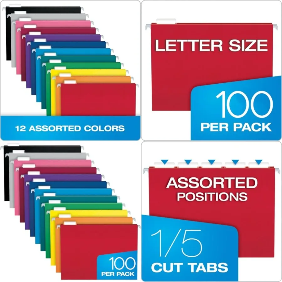 Colored Hanging File Folders Letter Size with 1/5 Cut Adjustable Tabs, 8.5 X 11-12 Assorted Colors, 100 Pack
Colored Hanging File Folders Letter Size with 1/5 Cut Adjustable Tabs, 8.5 X 11-12 Assorted Colors, 100 Pack