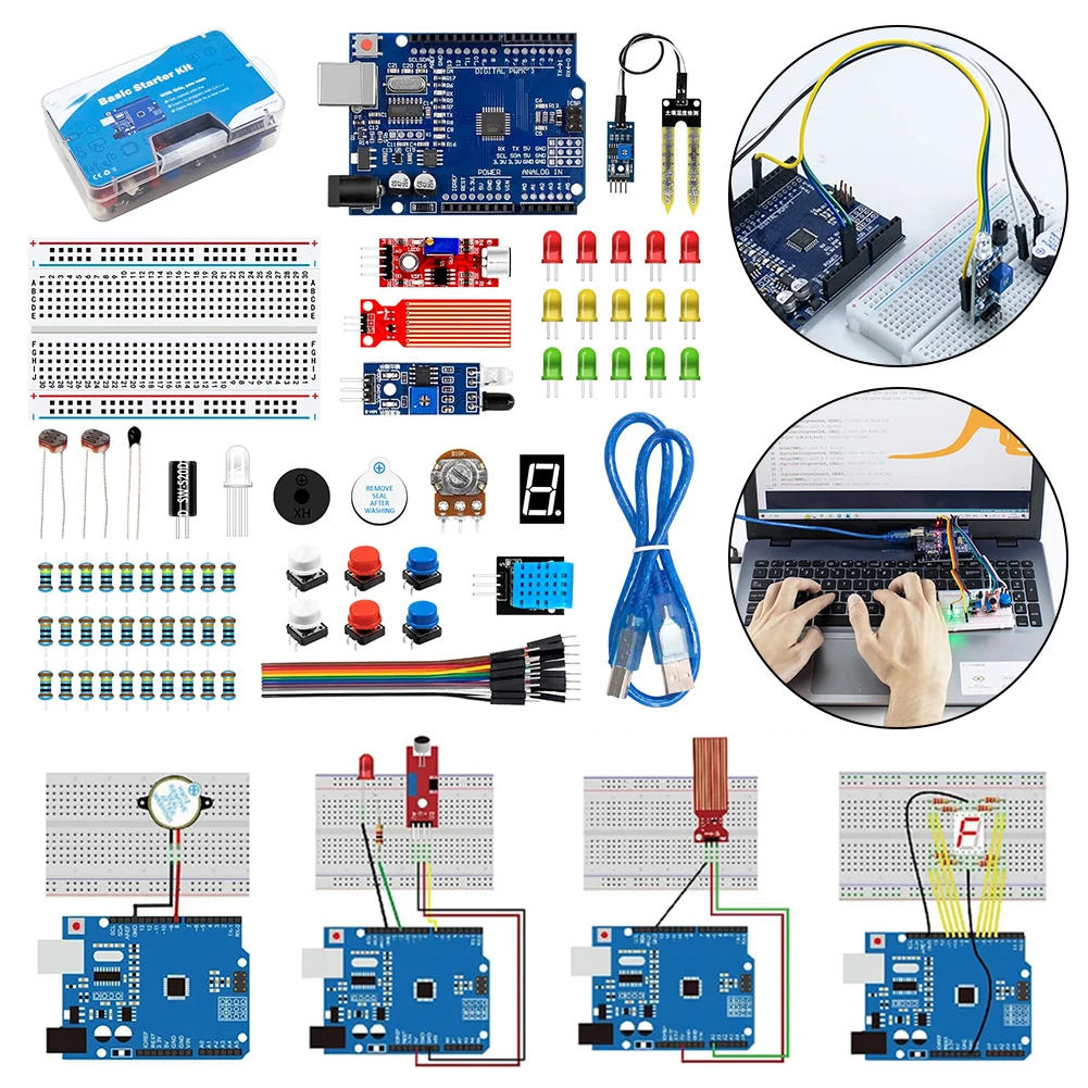 Basic Starter Kit with Breadboard Sensor Modules Resistance Educational Programming Kit Electronic DIY Kit for Arduino UNO R3
Basic Starter Kit with Breadboard Sensor Modules Resistance Educational Programming Kit Electronic DIY Kit for Arduino UNO R3