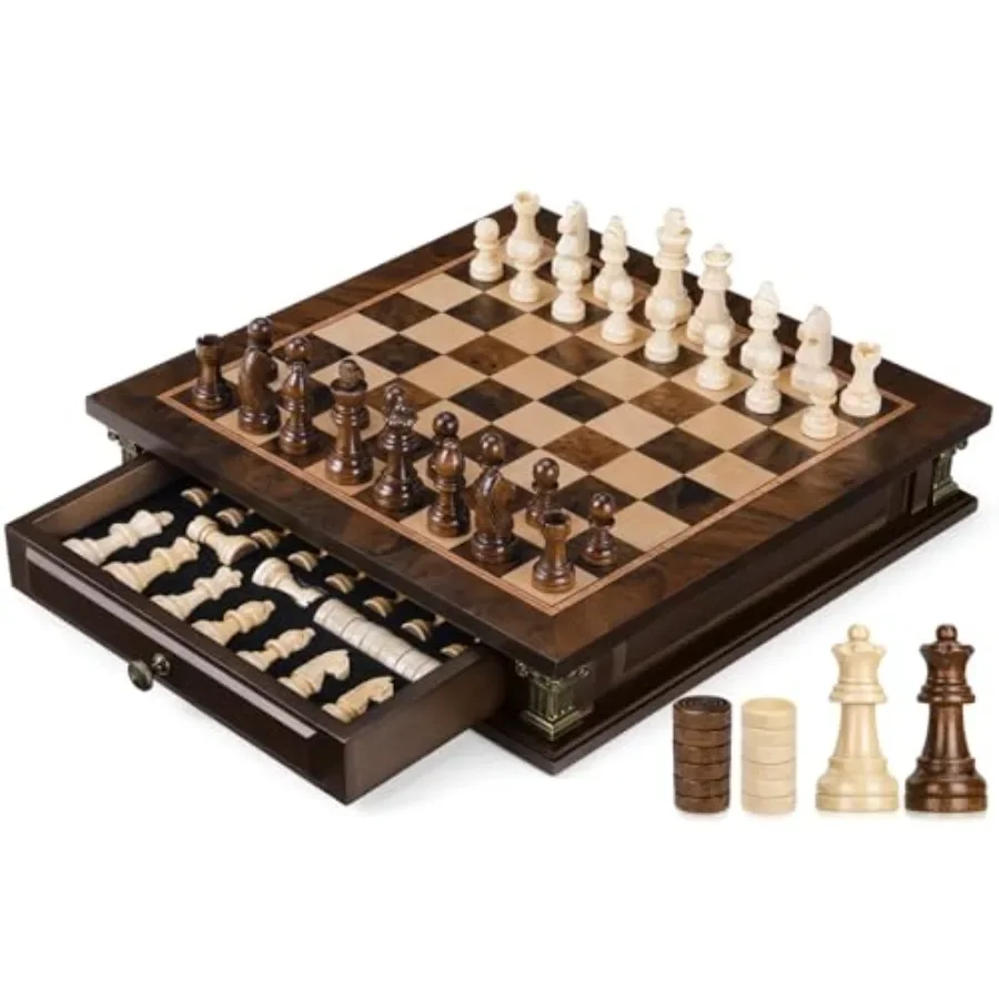 Travel magnetic chess set for adults, kids and family game night: 12-inch wooden board with 2 built-in storage drawers, black a
Travel magnetic chess set for adults, kids and family game night: 12-inch wooden board with 2 built-in storage drawers, black a