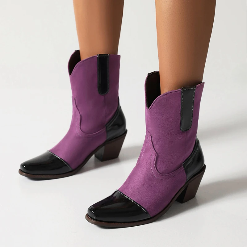 Женские полусапоги из глянцевой лакированной кожи с нубуковой панелью, конический блочный каблук, сапоги до середины икры с квадратным носком и леопардовым принтом 
Женские полусапоги из глянцевой лакированной кожи с нубуковой панелью, конический блочный каблук, сапоги до середины икры с квадратным носком и леопардовым принтом