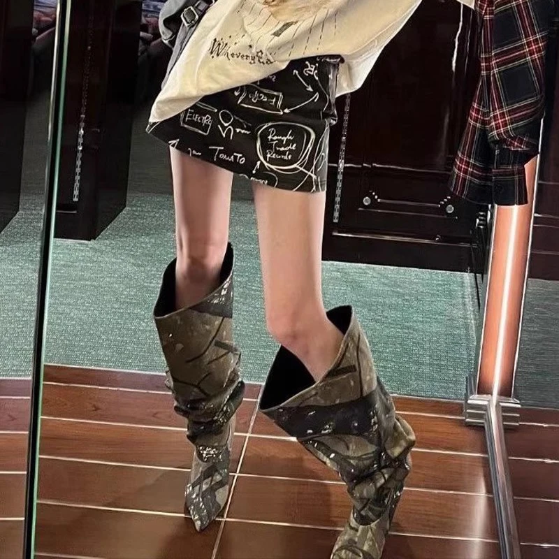 Loose Thigh High Boots Pointed Toe Camouflage Mixed Color Knee-high Boot Fashion Slip On Pleated Stiletto Shoes Zapatos De Mujer
Loose Thigh High Boots Pointed Toe Camouflage Mixed Color Knee-high Boot Fashion Slip On Pleated Stiletto Shoes Zapatos De Mujer