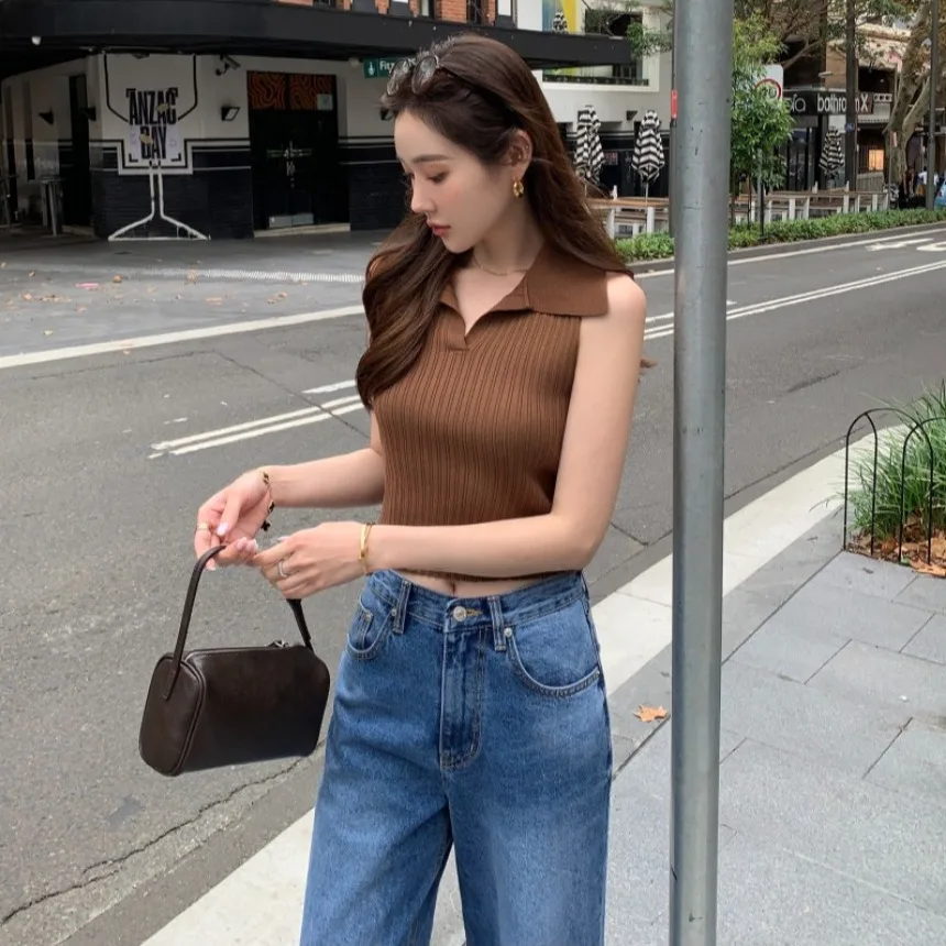 Fashionable Korean Style Knitted Top Women's Sleeveless Collared Summer New Design Chic Personality Short Length Knitwear
Fashionable Korean Style Knitted Top Women's Sleeveless Collared Summer New Design Chic Personality Short Length Knitwear