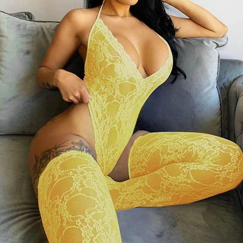 Women's Sexy Lace Bodysuit Sleeveless See-through Backless Deep V-neck Skinny Halter Jumpsuit with Socks Female New Style
Women's Sexy Lace Bodysuit Sleeveless See-through Backless Deep V-neck Skinny Halter Jumpsuit with Socks Female New Style