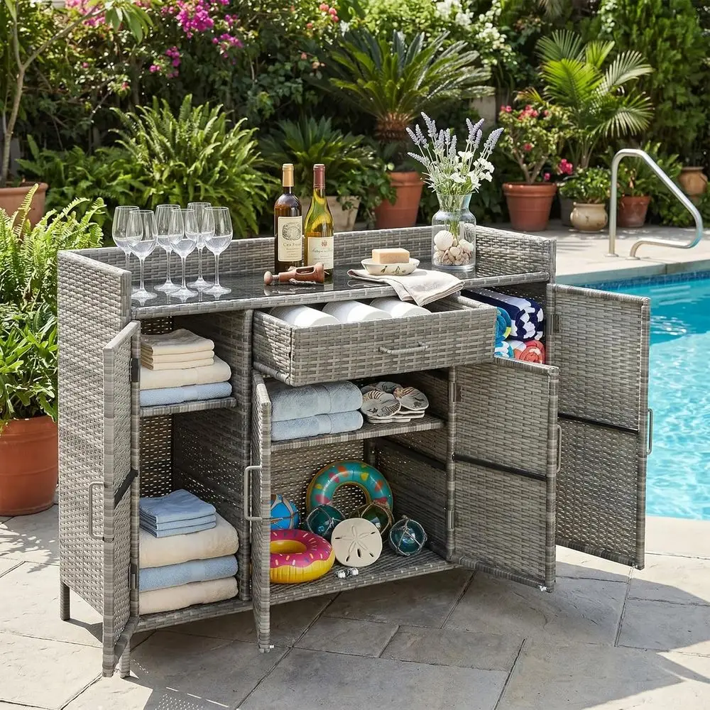 Large Outdoor Wicker Storage Cabinet with Adjustable Shelves and Patio Bar Table in Grey
Large Outdoor Wicker Storage Cabinet with Adjustable Shelves and Patio Bar Table in Grey