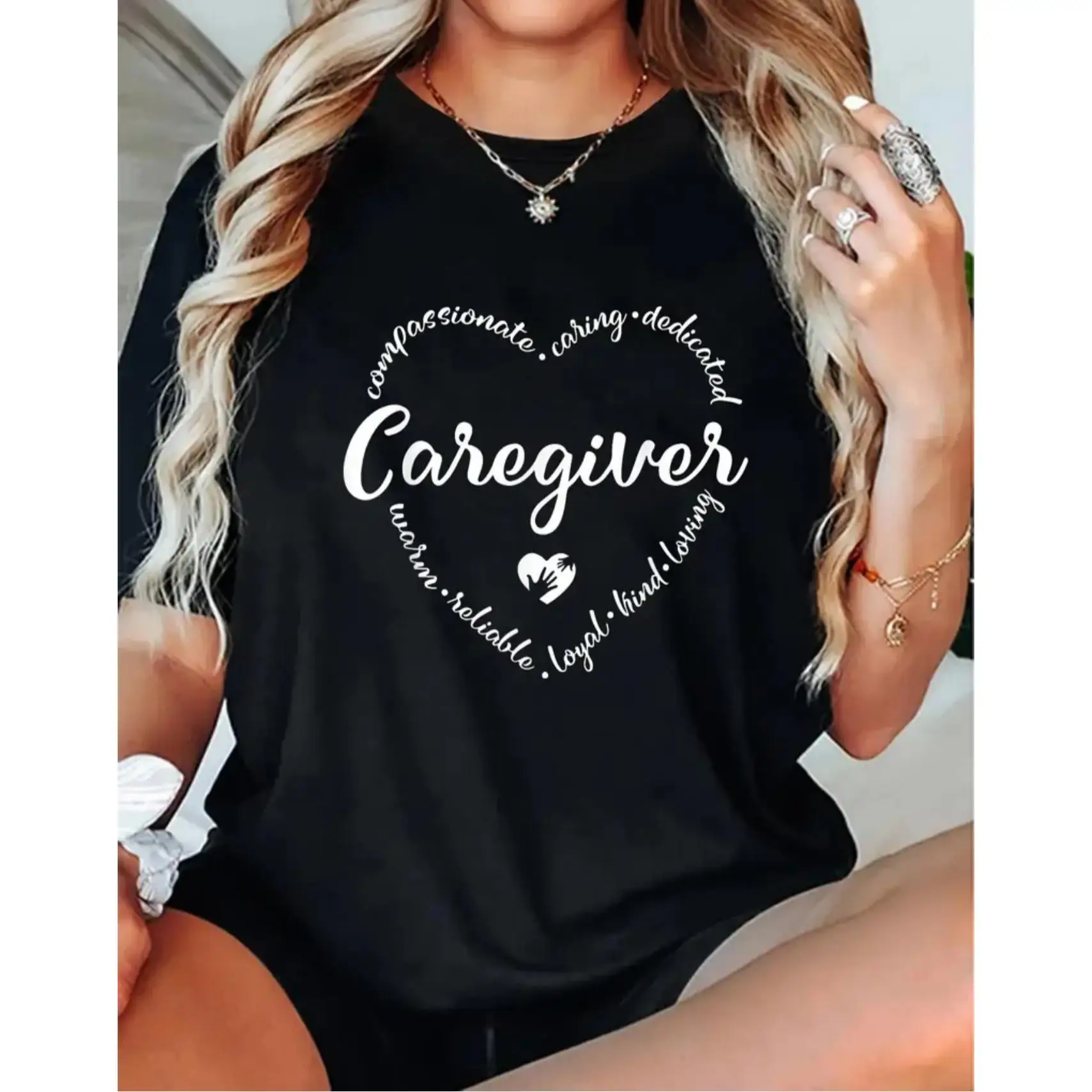 Women's Caregiver Appreciation T-Shirt - Black with White Heart & Letter Print, Casual Loose Fit, Short Sleeve, Round Neck
Women's Caregiver Appreciation T-Shirt - Black with White Heart & Letter Print, Casual Loose Fit, Short Sleeve, Round Neck