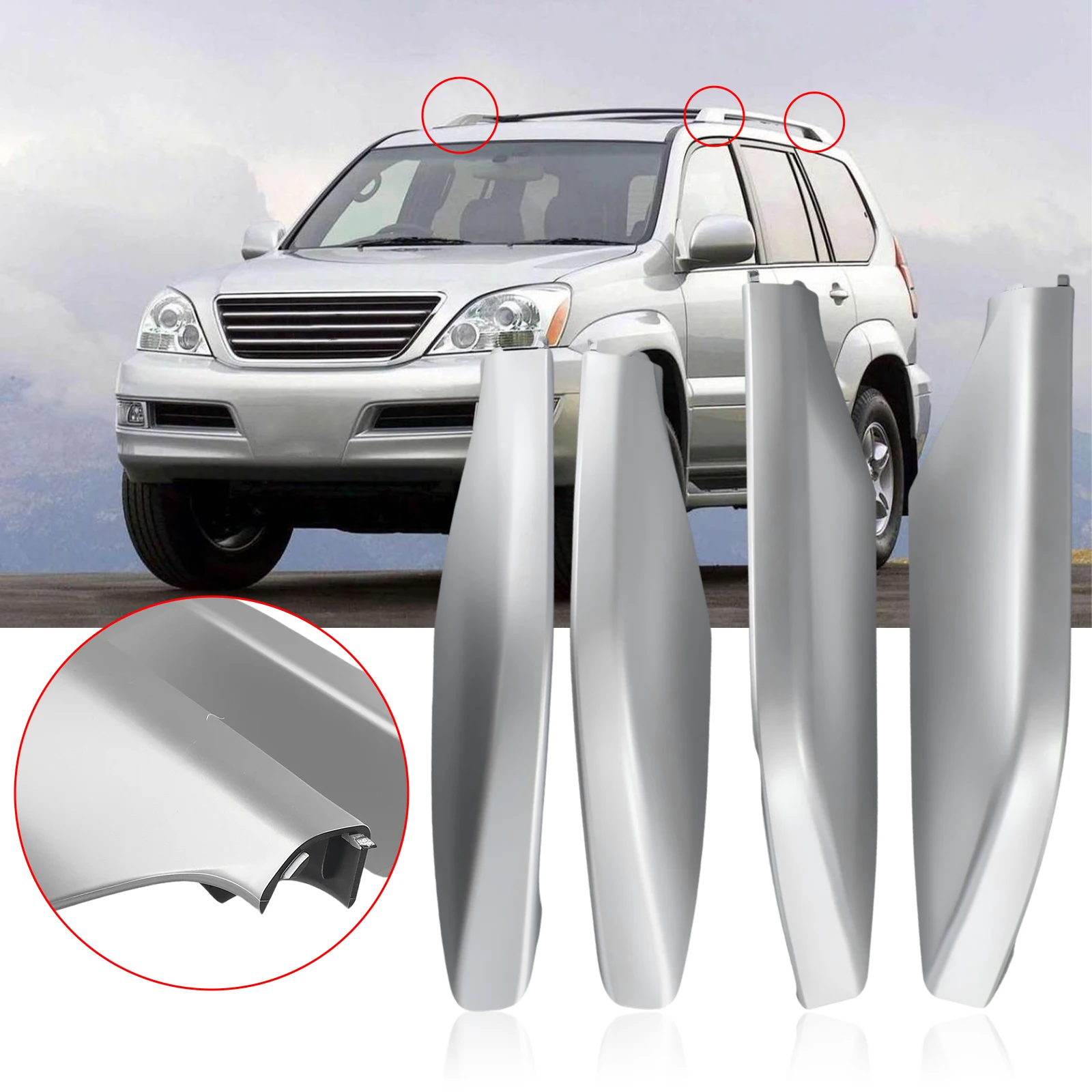 4x For Lexus GX470 4pcs End Cover Replace Roof Rack Rail 4 PCS 4* LH Left Parts Plastic Racks Rear Replace Shells Right Silver 
4x For Lexus GX470 4pcs End Cover Replace Roof Rack Rail 4 PCS 4* LH Left Parts Plastic Racks Rear Replace Shells Right Silver