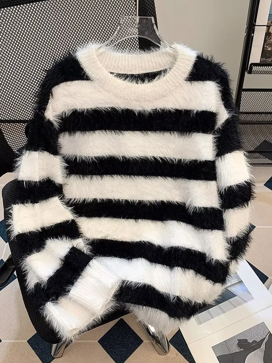 Retro Striped M Knitted Sweater round Ne Thiened Warm Loose Sle Fake Mink Coat Spring Autumn Casual Faion Knitwear
Retro Striped M Knitted Sweater round Ne Thiened Warm Loose Sle Fake Mink Coat Spring Autumn Casual Faion Knitwear