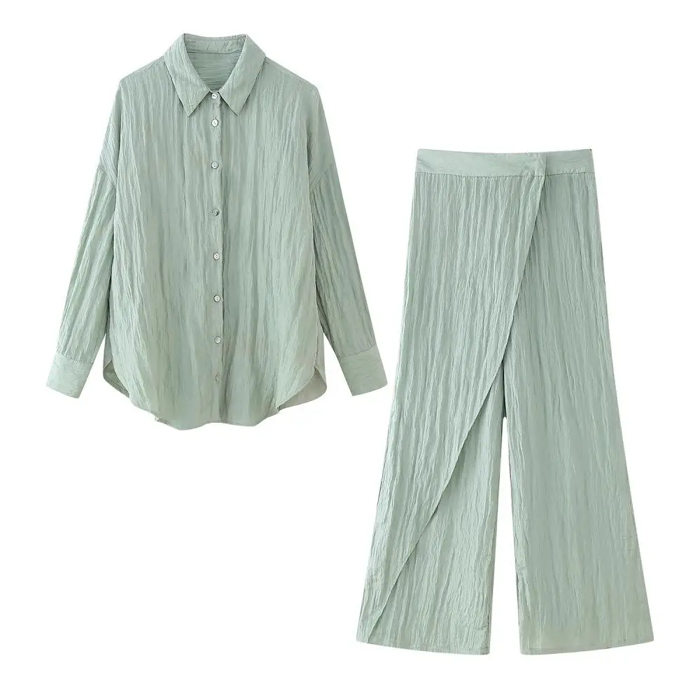 Mint Green Pleated Shirts Wrap Pants Sets for Woman Loose Single Breasted Lapel Shirt Wide Leg Pants Suit 2024 Woman Pajamas
Mint Green Pleated Shirts Wrap Pants Sets for Woman Loose Single Breasted Lapel Shirt Wide Leg Pants Suit 2024 Woman Pajamas