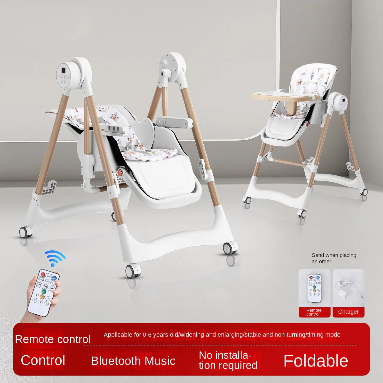 2-in-1 Multifunctional Electric Baby High Chair Foldable, No Assembly, Reclines to a Lying Position, with Tray Wheels, Cushion
2-in-1 Multifunctional Electric Baby High Chair Foldable, No Assembly, Reclines to a Lying Position, with Tray Wheels, Cushion