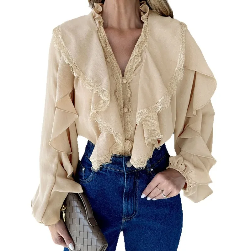 Loose tops V-neck ruffled blouse women shirt
Loose tops V-neck ruffled blouse women shirt