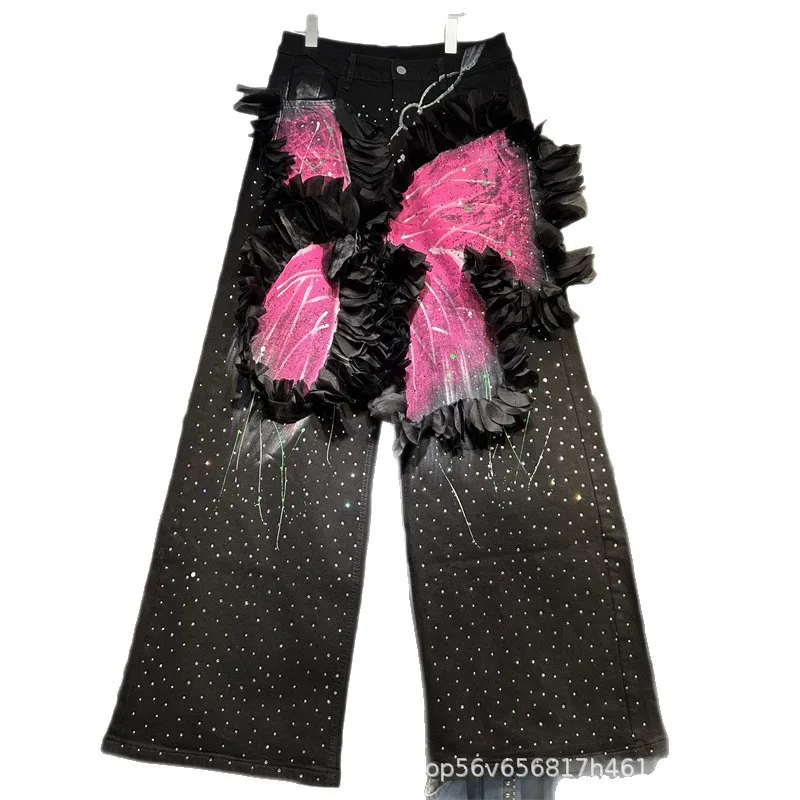 Fashion Spring Autumn Black Denim Trousers Elegant Ruffles Hot Drilling Wide Leg Long Trousers High Waist Loose Straight Jeans
Fashion Spring Autumn Black Denim Trousers Elegant Ruffles Hot Drilling Wide Leg Long Trousers High Waist Loose Straight Jeans