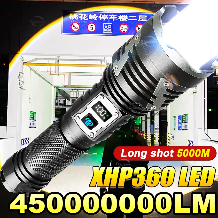 Super Powerful XHP360 LED Flashlight Rechargeable Strong Light Flashlights Long Range 5000M Torch Light Camping Fishing Lantern
Super Powerful XHP360 LED Flashlight Rechargeable Strong Light Flashlights Long Range 5000M Torch Light Camping Fishing Lantern