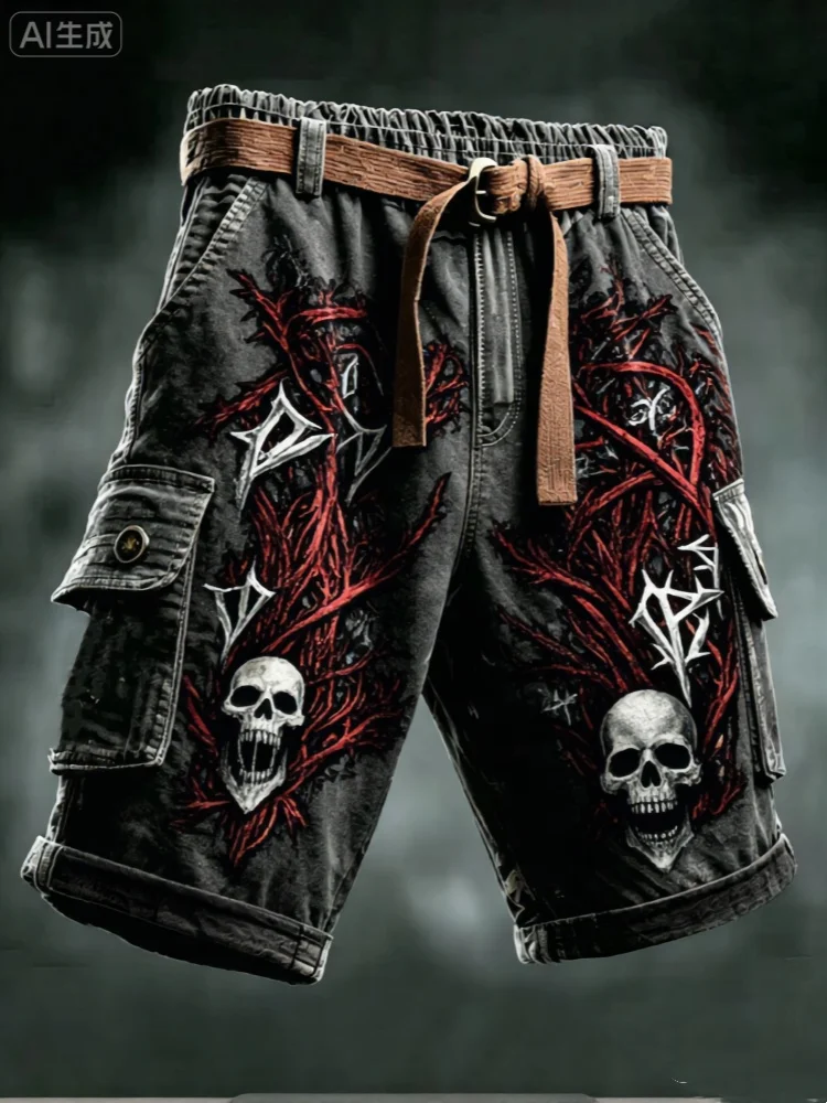 Mens Cargo Shorts Dark Gothic Skull Print Loose Fit Streetwear Denim Shorts with Belt
Mens Cargo Shorts Dark Gothic Skull Print Loose Fit Streetwear Denim Shorts with Belt