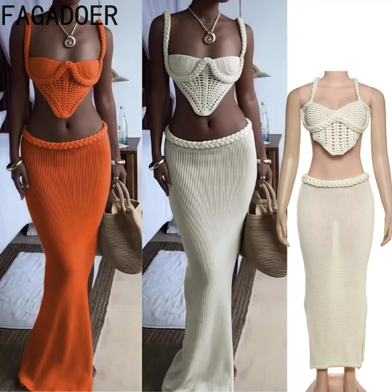 FAGADOER Sexy Knit Hollow Out Two Piece Outfits Woman Cross Bandage Backless Irregular Tops + Long Skirts Suit Beach Style Set
FAGADOER Sexy Knit Hollow Out Two Piece Outfits Woman Cross Bandage Backless Irregular Tops + Long Skirts Suit Beach Style Set