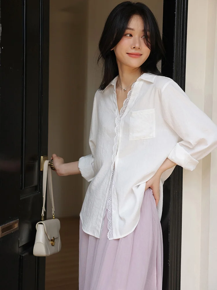 Нежная белая свободная женская блузка с кружевной отделкой и длинными рукавами, летняя дышащая комфортная верхняя одежда из льняной марли
Нежная белая свободная женская блузка с кружевной отделкой и длинными рукавами, летняя дышащая комфортная верхняя одежда из льняной марли