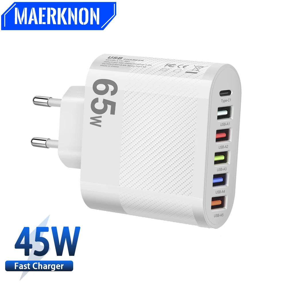 65W 6 Ports USB Portable Charger Cell Phones Fast Charging Type C Power Adapter Quick Charger 3.0 For iPhone Xiaomi 14 Oneplus
65W 6 Ports USB Portable Charger Cell Phones Fast Charging Type C Power Adapter Quick Charger 3.0 For iPhone Xiaomi 14 Oneplus