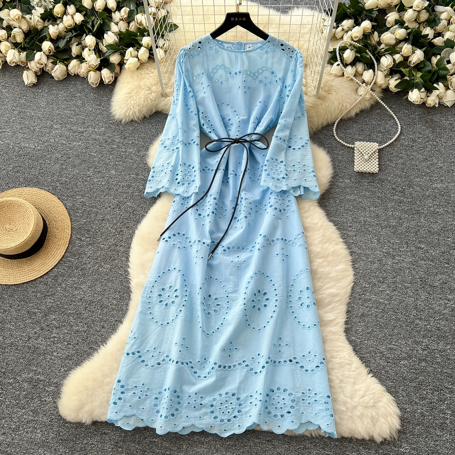Vintage Hollowed out Flower Embroidery Spring Summer Dresses Women's O-neck Flared Sleeve Lace-up Loose Vacation Beach Dress
Vintage Hollowed out Flower Embroidery Spring Summer Dresses Women's O-neck Flared Sleeve Lace-up Loose Vacation Beach Dress
