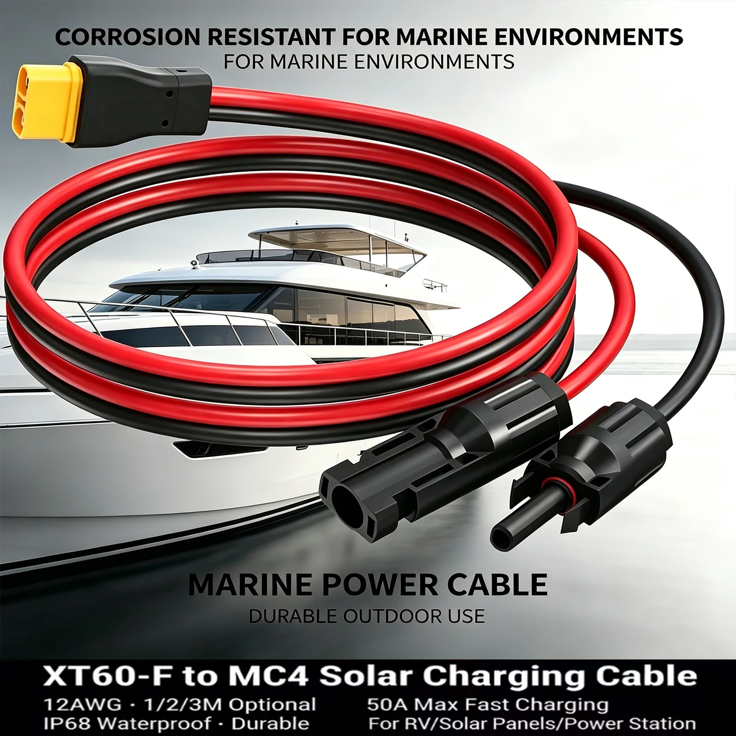 12AWG Solar Extension Cable XT60 300cm – IP68 Waterproof Tinned Copper Wire for Solar Panels, RV, Truck, Boat (1PC)
12AWG Solar Extension Cable XT60 300cm – IP68 Waterproof Tinned Copper Wire for Solar Panels, RV, Truck, Boat (1PC)