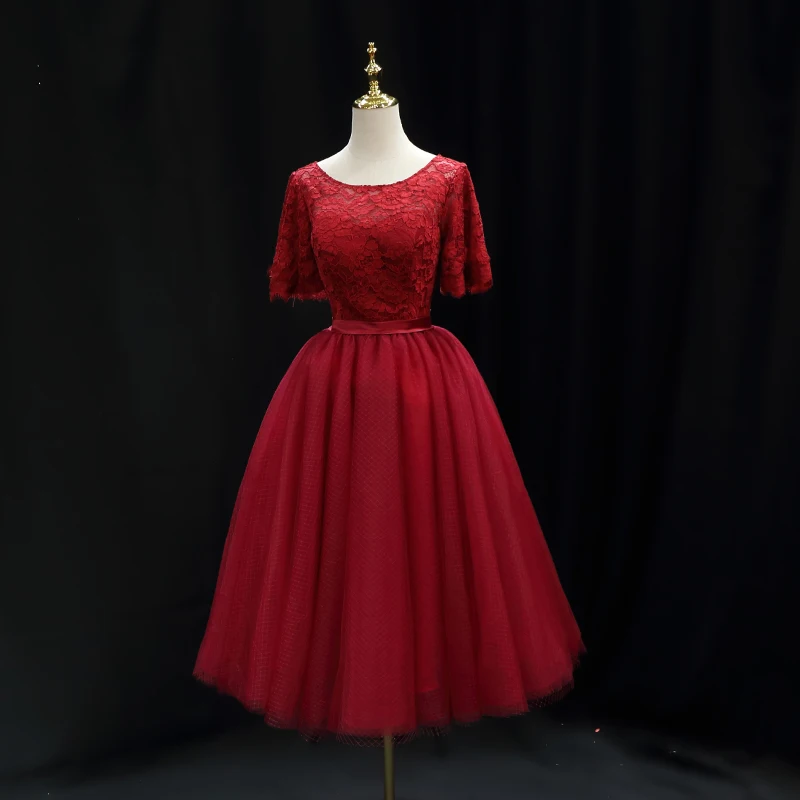Evening Dress Simple Burgundy Lace Tulle O-neck Half Sleeves Zipper Back A-line Tea length Plus size Women Party Dresses B2219
Evening Dress Simple Burgundy Lace Tulle O-neck Half Sleeves Zipper Back A-line Tea length Plus size Women Party Dresses B2219