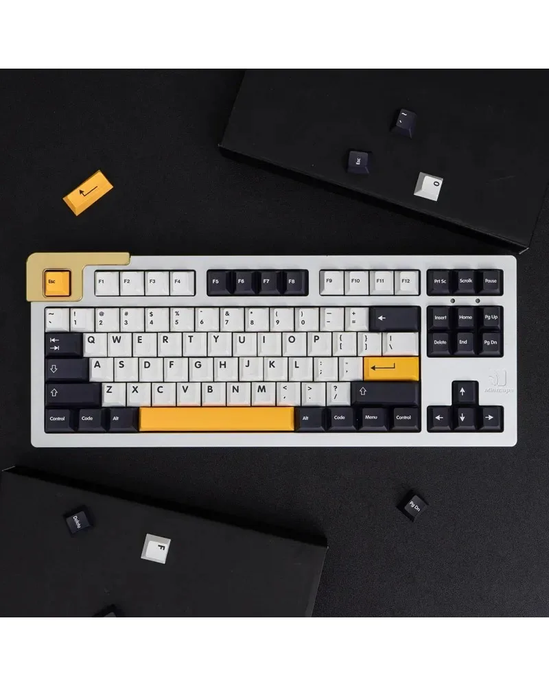 dark black with white and yellow accents pbt keycaps set durable high quality for gaming mechanical keyboards
dark black with white and yellow accents pbt keycaps set durable high quality for gaming mechanical keyboards