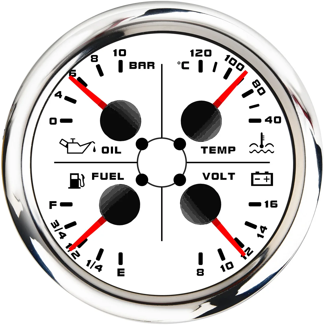 Black Silver Boat 4 in 1 Gauge Marine Fuel Level Voltmeter Water Temperature Gauge Oil Pressure Gauge
Black Silver Boat 4 in 1 Gauge Marine Fuel Level Voltmeter Water Temperature Gauge Oil Pressure Gauge