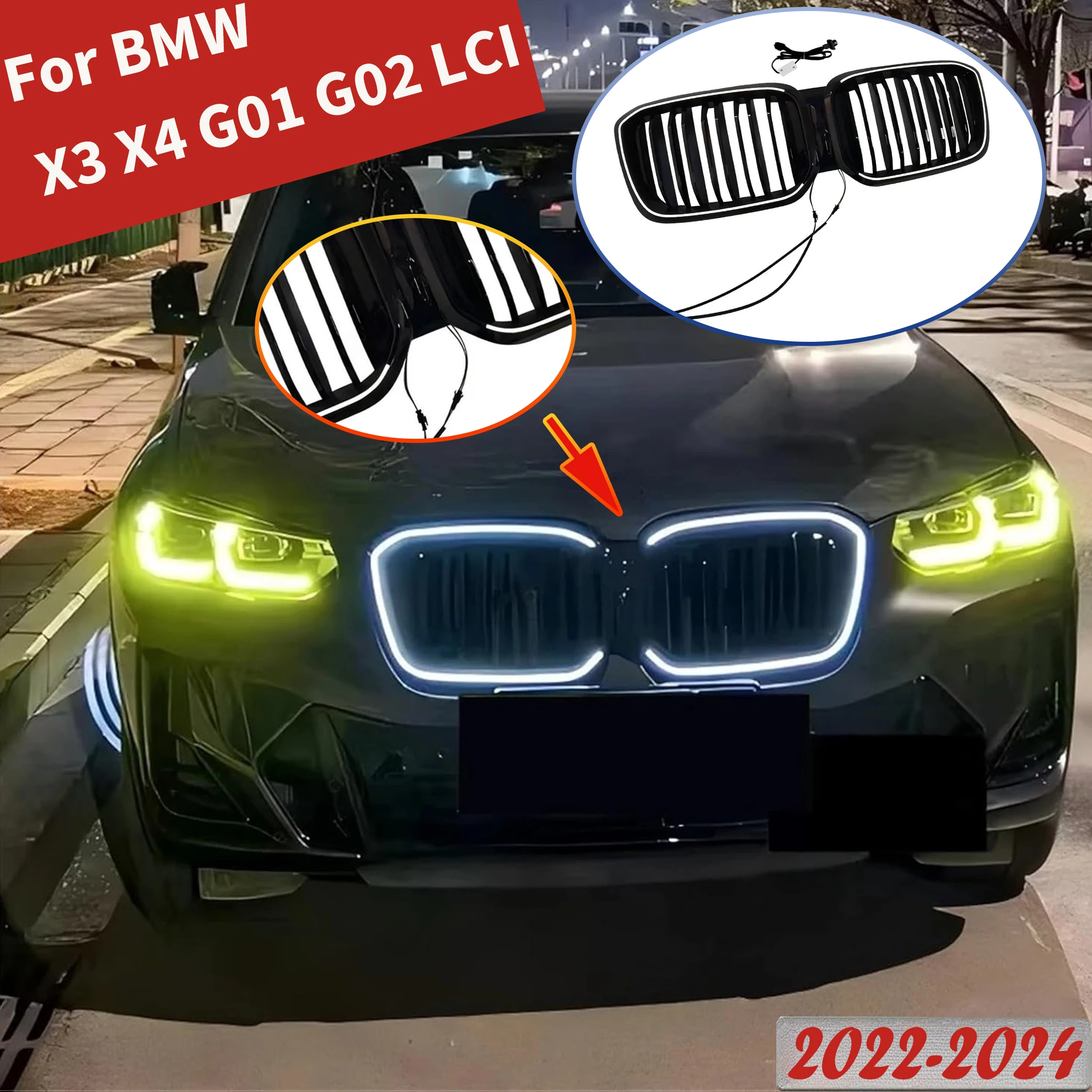 Front Bumper Grill for BMW X3 X4 G01 G02 2022-2024 LCI Car Kidney Grille Hood Mesh Grid with LED Lights Kits Tuning(Double Line)
Front Bumper Grill for BMW X3 X4 G01 G02 2022-2024 LCI Car Kidney Grille Hood Mesh Grid with LED Lights Kits Tuning(Double Line)