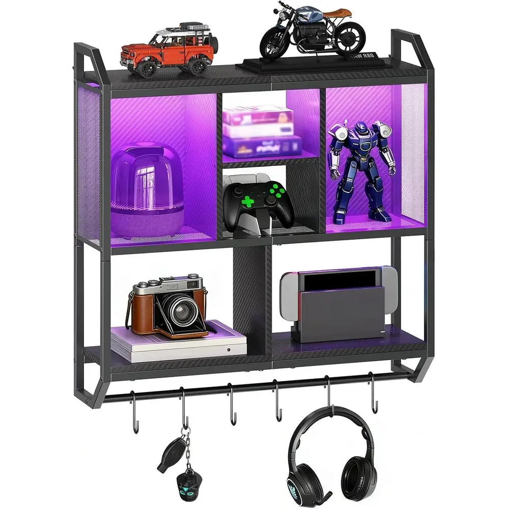 3-Tier LED-lit Floating Wall Shelf for Gaming Room, 28.7 Display Rack with Hanging Rod and 6 Hooks, Black
3-Tier LED-lit Floating Wall Shelf for Gaming Room, 28.7 Display Rack with Hanging Rod and 6 Hooks, Black