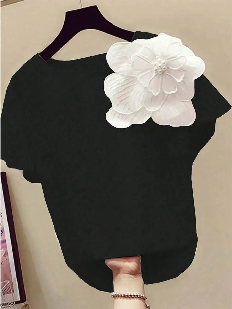 Plus Size Round Neck Short Sleeve Casual T-Shirt With 3D Floral Applique Women Summer Top
Plus Size Round Neck Short Sleeve Casual T-Shirt With 3D Floral Applique Women Summer Top
