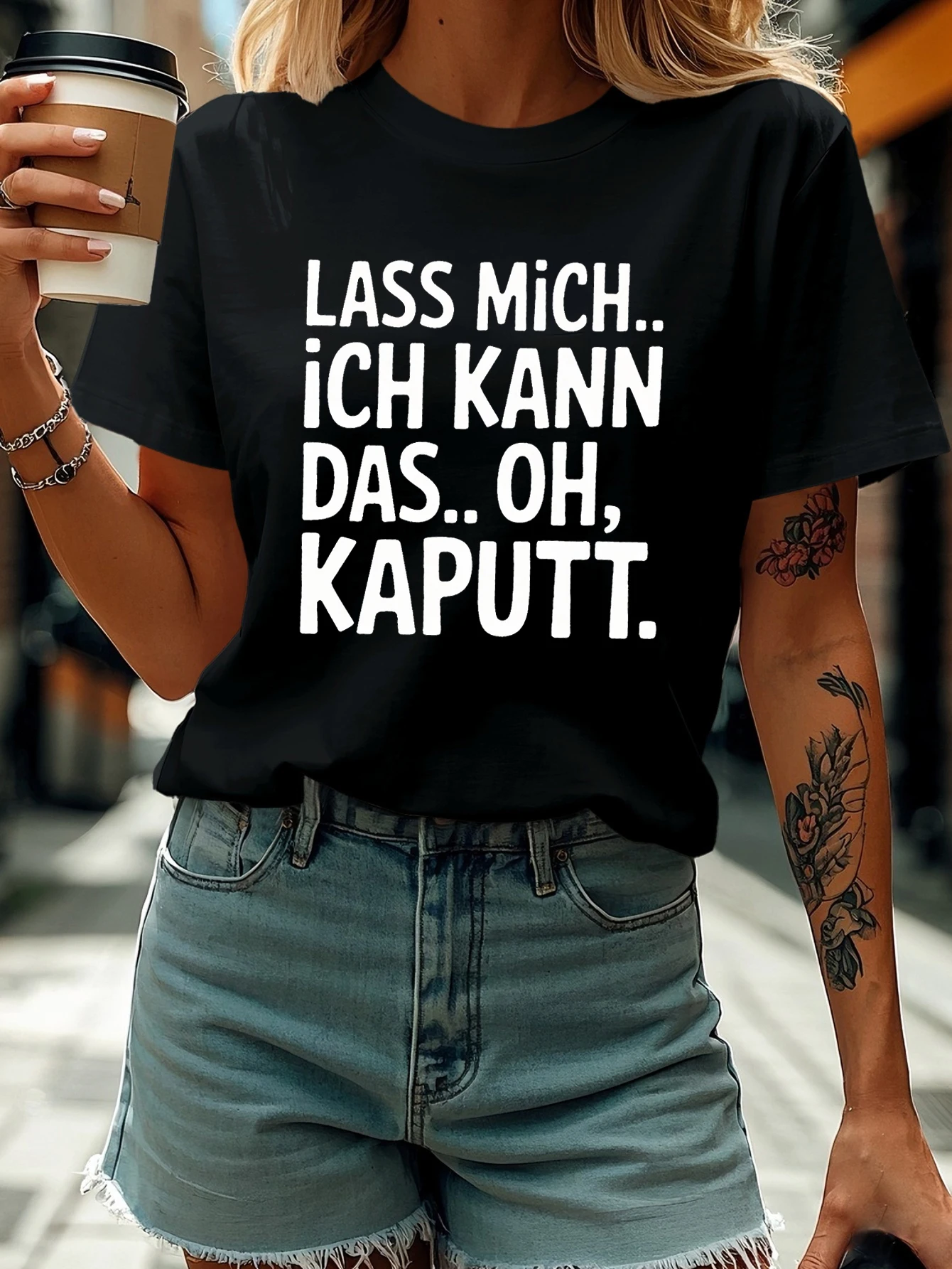 Women's Short Sleeve T-shirt LASS MICH.. ICH KANN DAS.. OH, KAPUTT. German Letter Print Crew Neck Casual Top For Summer & Spring
Women's Short Sleeve T-shirt LASS MICH.. ICH KANN DAS.. OH, KAPUTT. German Letter Print Crew Neck Casual Top For Summer & Spring