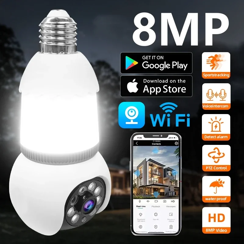 8MP Lamp Bulb WiFi Camera E27 LED Bulb Smart IP Camera Surveilance Two-way Audio Color Night Vision 360° Panoramic AI Tracking
8MP Lamp Bulb WiFi Camera E27 LED Bulb Smart IP Camera Surveilance Two-way Audio Color Night Vision 360° Panoramic AI Tracking