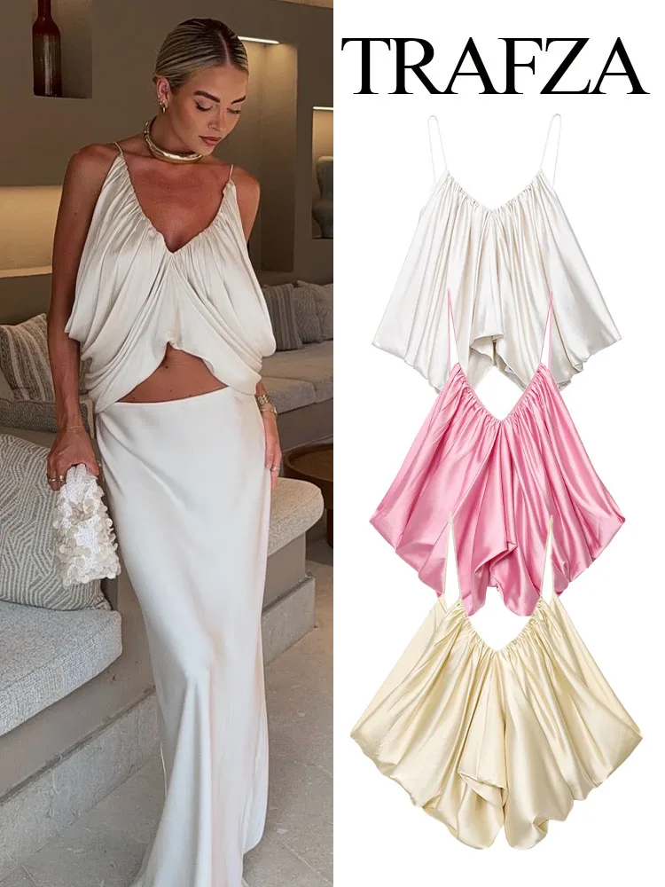 TRAFZA Women's Summer Fashion V-Neck Silk Satin Textured Wrinkled Short Top Female Elegant Sexy Backless High Street Sling Top
TRAFZA Women's Summer Fashion V-Neck Silk Satin Textured Wrinkled Short Top Female Elegant Sexy Backless High Street Sling Top