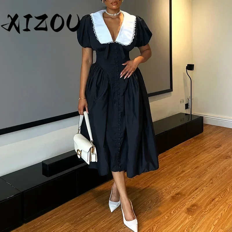 XIZOU Fall Women Summer Peter Pan Collar Short Sleeve Elegant Midi Dress V-neck Vintage Sexy Night Club Party Dresses Vestidos
XIZOU Fall Women Summer Peter Pan Collar Short Sleeve Elegant Midi Dress V-neck Vintage Sexy Night Club Party Dresses Vestidos