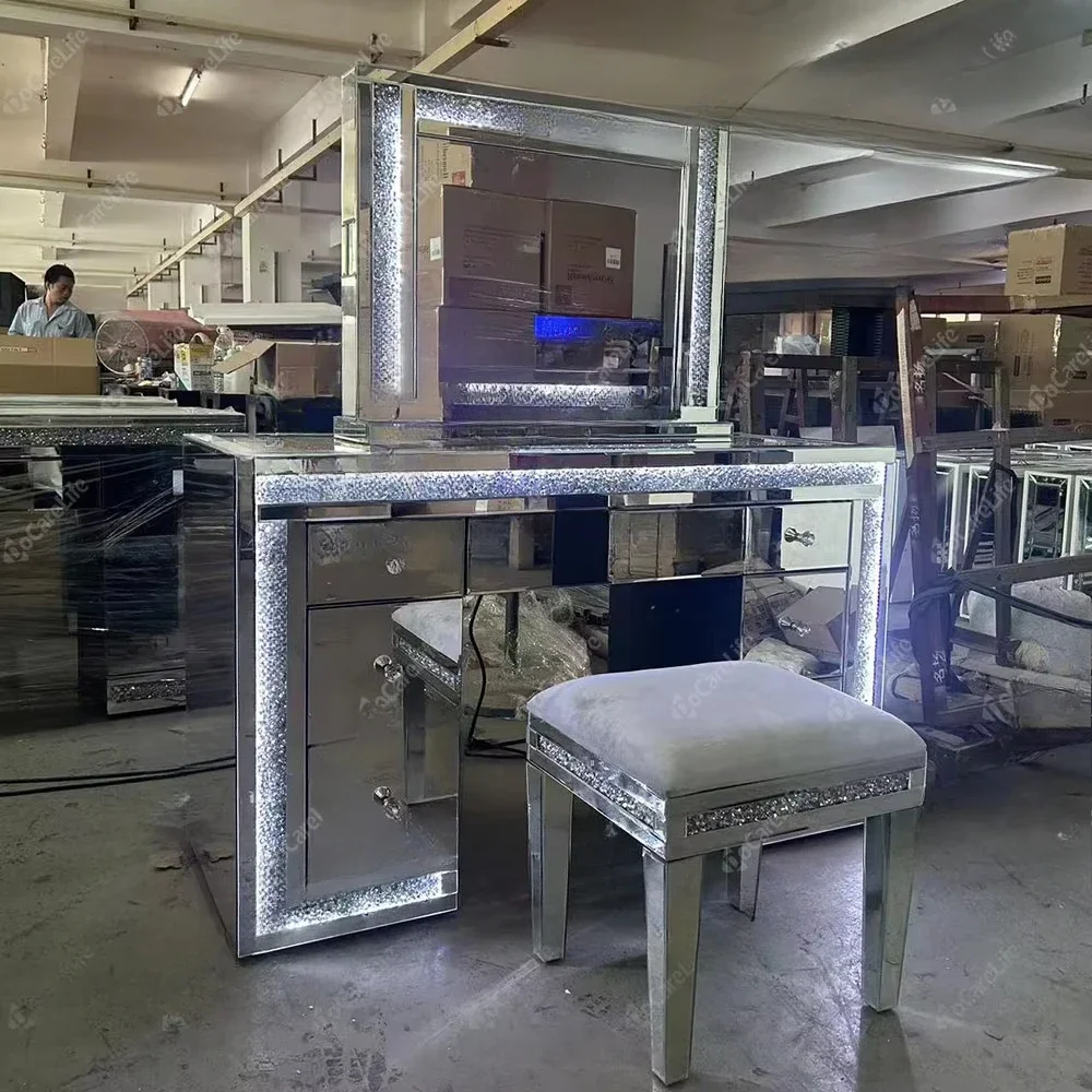 Contemporary diamond infused bedroom furniture mirrored dresser with illuminated mirror and makeup chair
Contemporary diamond infused bedroom furniture mirrored dresser with illuminated mirror and makeup chair