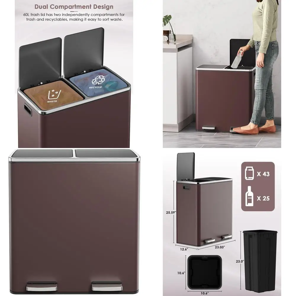 60L Dual Stainless Steel Kitchen Trash Can with Separate Compartments, Plastic Inner Buckets, Soft-Close Lid, Airtight, Brown
60L Dual Stainless Steel Kitchen Trash Can with Separate Compartments, Plastic Inner Buckets, Soft-Close Lid, Airtight, Brown