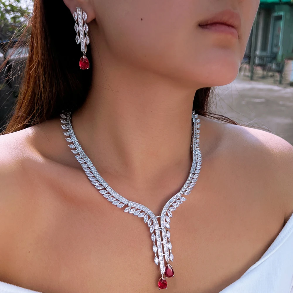 CWWZircons Gorgeous Shiny White Red Cubic Zircon Dangle Earrings Necklace 2Pcs Sets Bridal Wedding Dress Jewelry for Women T0974
CWWZircons Gorgeous Shiny White Red Cubic Zircon Dangle Earrings Necklace 2Pcs Sets Bridal Wedding Dress Jewelry for Women T0974