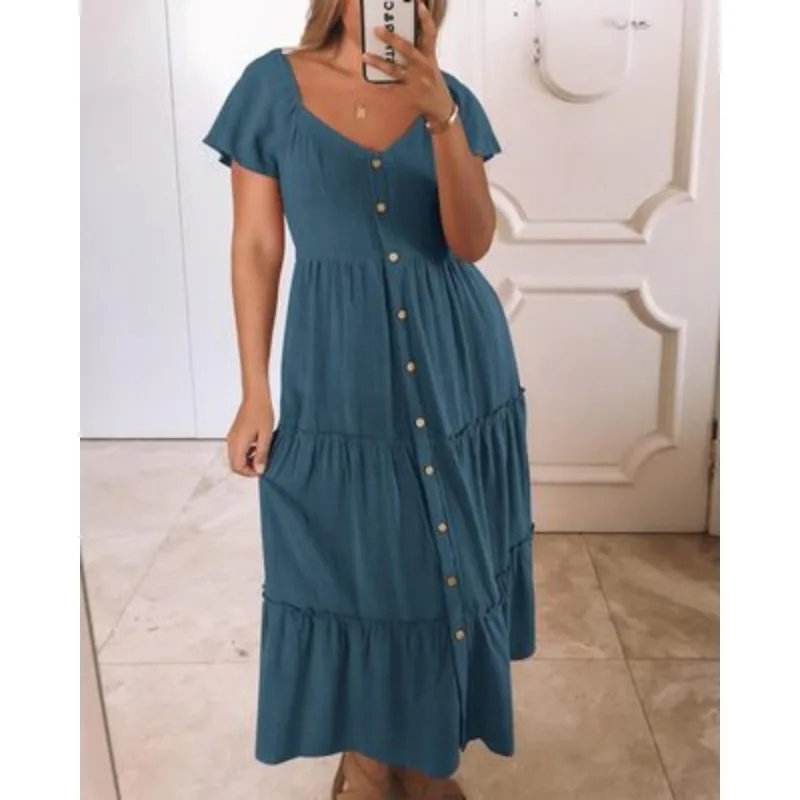 Summer new fashion elegant solid color button casual short-sleeved dress women
Summer new fashion elegant solid color button casual short-sleeved dress women