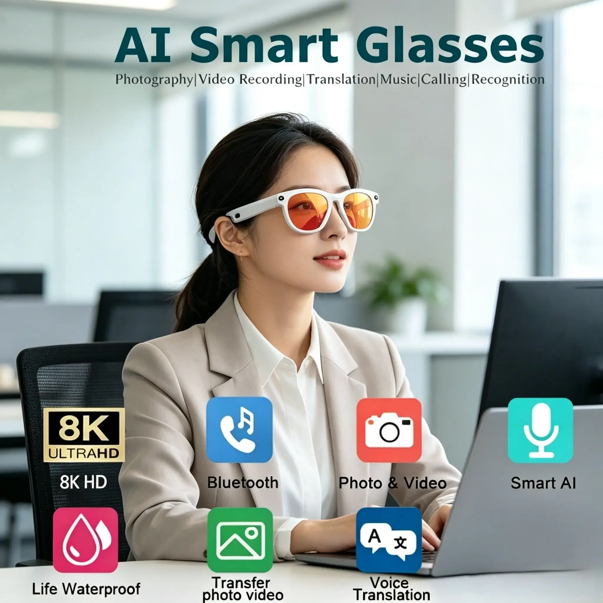 8K HD Color Changing AI Smart Glasses, Built-in Camera, Real-Time Language Translation, Bluetooth Call and Voice Assistant
8K HD Color Changing AI Smart Glasses, Built-in Camera, Real-Time Language Translation, Bluetooth Call and Voice Assistant