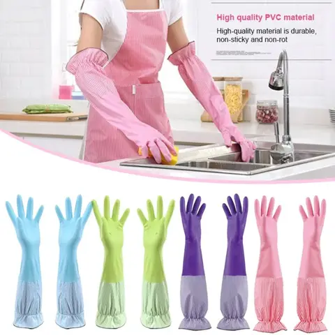 Long Sleeves Dishwashing Glove Stripe Pattern Velvet Lining Cleaning Glove Lotus Leaf Mouth Waterproof Rubber Glove